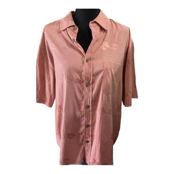 PARADISE BLUE Men Hawaiian Shirt Short Sleeve Collared Sz L Peach Pink 7-5 - Picture 1 of 6